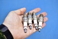 Four white car spark plugs in hand on a blue background Royalty Free Stock Photo